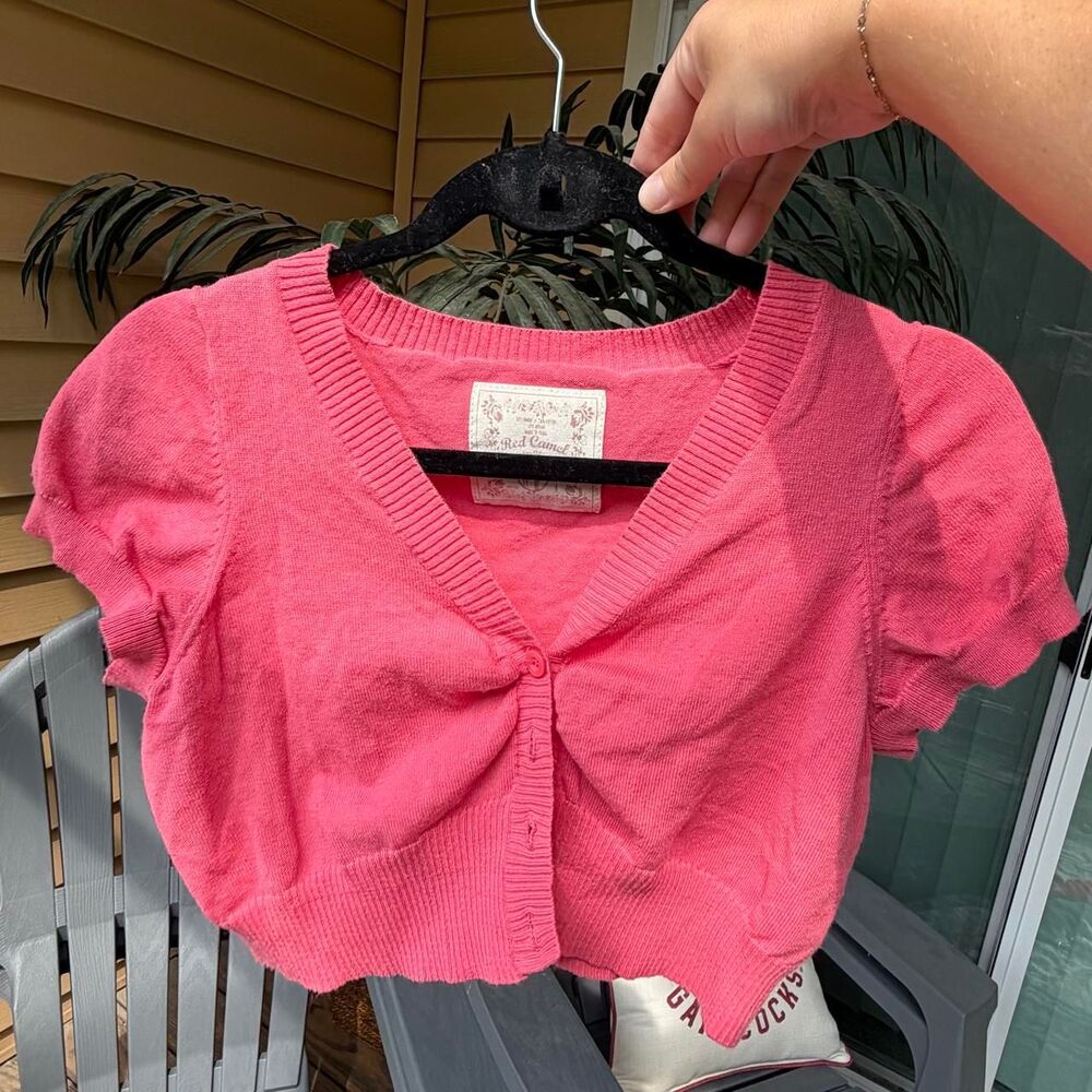 Red camel Pink cropped button cardigan with button detailing